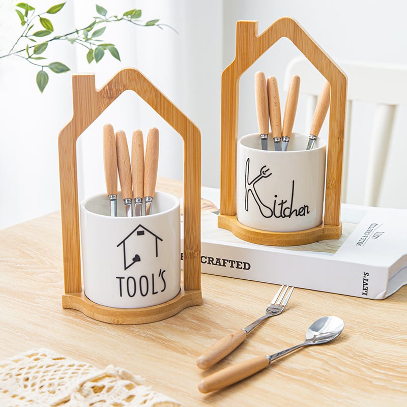 Set japonez din fag pentru fructe, design elegant, furculițe și linguri din oțel inoxidabil, recipiente ceramice pentru depozitare
