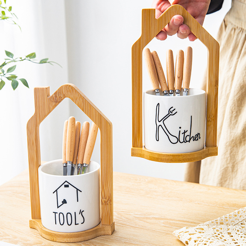 Set japonez din fag pentru fructe, design elegant, furculițe și linguri din oțel inoxidabil, recipiente ceramice pentru depozitare