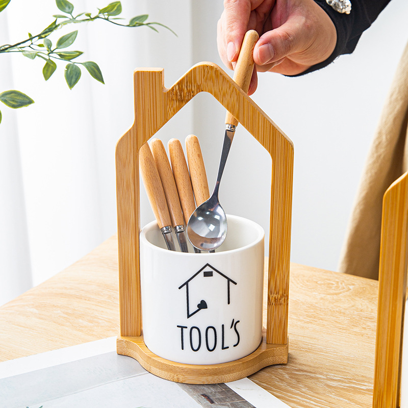 Set japonez din fag pentru fructe, design elegant, furculițe și linguri din oțel inoxidabil, recipiente ceramice pentru depozitare