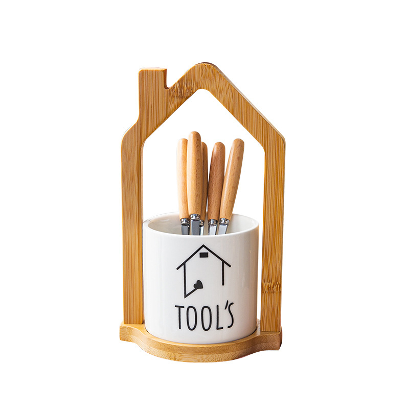 Set japonez din fag pentru fructe, design elegant, furculițe și linguri din oțel inoxidabil, recipiente ceramice pentru depozitare