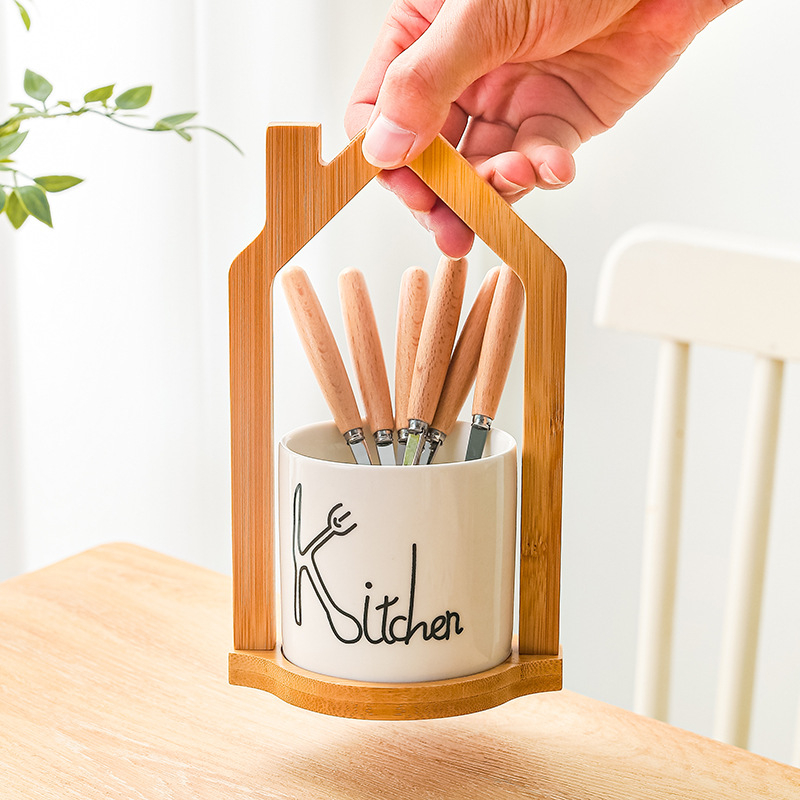 Set japonez din fag pentru fructe, design elegant, furculițe și linguri din oțel inoxidabil, recipiente ceramice pentru depozitare