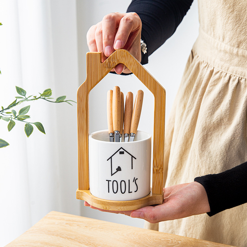 Set japonez din fag pentru fructe, design elegant, furculițe și linguri din oțel inoxidabil, recipiente ceramice pentru depozitare