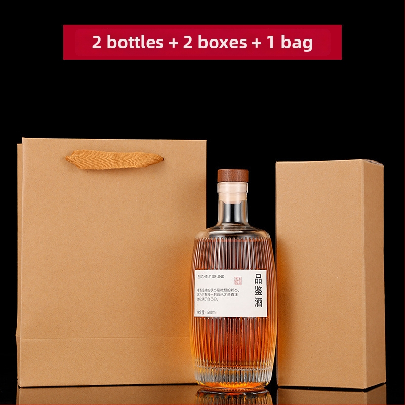 Vlastná sklenená fľaša na alkohol so zvislými pruhmi, s dreveným sudom, 500 ml