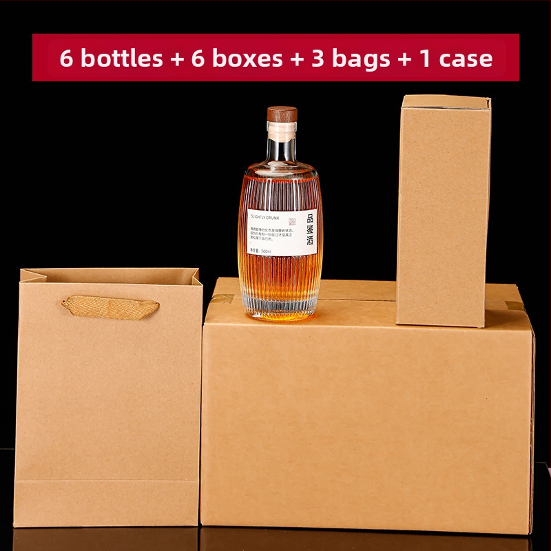 Vlastná sklenená fľaša na alkohol so zvislými pruhmi, s dreveným sudom, 500 ml