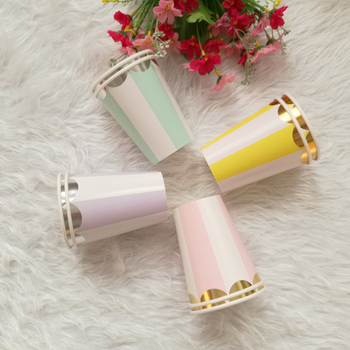 Cupe de hârtie de unică folosință, cu strat interior laminat gros, în dungile, cu ștampilare ecologică în folie aurie/argintie, set de 8 bucăți în 8 culori