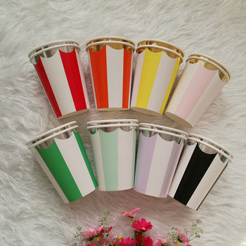 Cupe de hârtie de unică folosință, cu strat interior laminat gros, în dungile, cu ștampilare ecologică în folie aurie/argintie, set de 8 bucăți în 8 culori