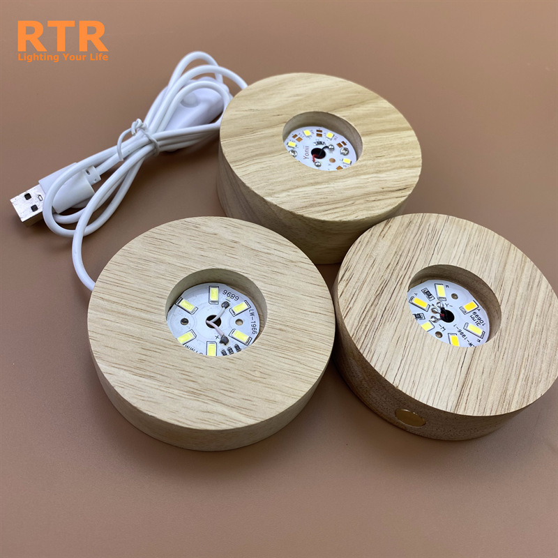 Bază circulară din lemn masiv, iluminată, cu încărcare wireless; suport de lampă cu sferă de cristal, bază decorativă pentru pahare de cocktail