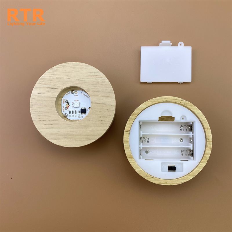 Bază circulară din lemn masiv, iluminată, cu încărcare wireless; suport de lampă cu sferă de cristal, bază decorativă pentru pahare de cocktail