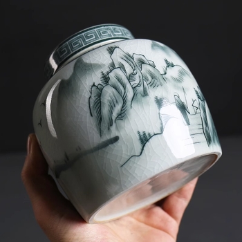 Recipient de ceai Ge Kiln din porțelan albastru‑alb, container ceramic etanș pentru ceai alb și Pu'er, portabil