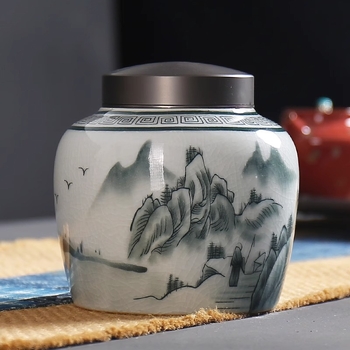 Recipient de ceai Ge Kiln din porțelan albastru‑alb, container ceramic etanș pentru ceai alb și Pu'er, portabil