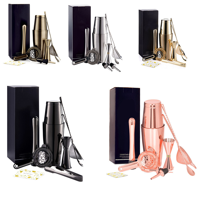 Set de cocktail din oțel inoxidabil 304 cu shaker Boston — unelte de bar în stil american, set de 7 piese, în cutie neagră