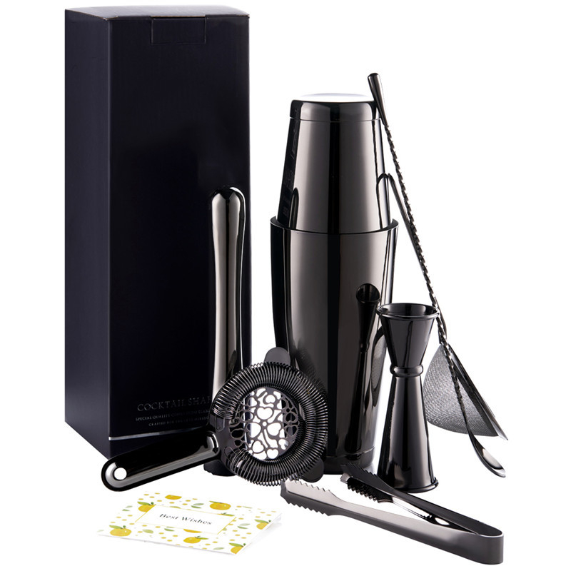 Set de cocktail din oțel inoxidabil 304 cu shaker Boston — unelte de bar în stil american, set de 7 piese, în cutie neagră