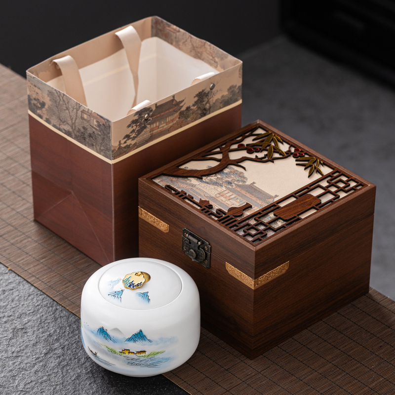 Recipient ceramic pentru ceai în stil chinezesc, cutie cadou de înaltă calitate pentru ceaiuri negre, verzi, Pu’er și Liu Bao