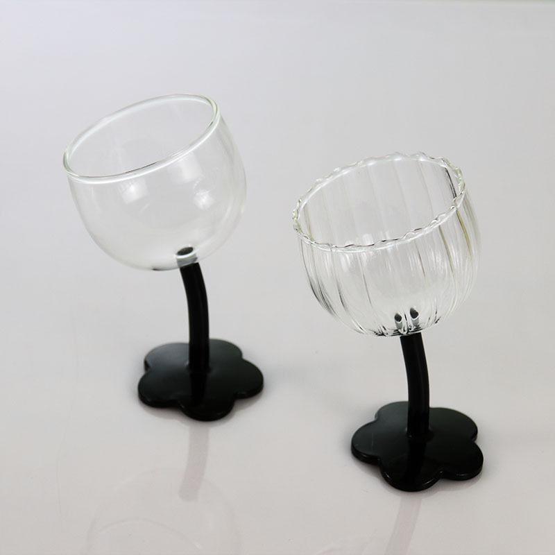 Goblet cu motiv floral, stil vintage, sticlă neagră transparentă cu dungi verticale, pahar pentru șampanie și vin roșu, rezistent la temperaturi înalte