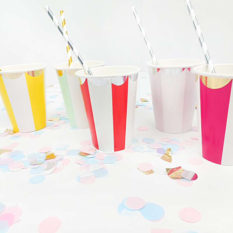 Cupe de hârtie de unică folosință, cu dungi verticale aurii, 270 ml, pentru băuturi reci, cafea, sucuri, petreceri