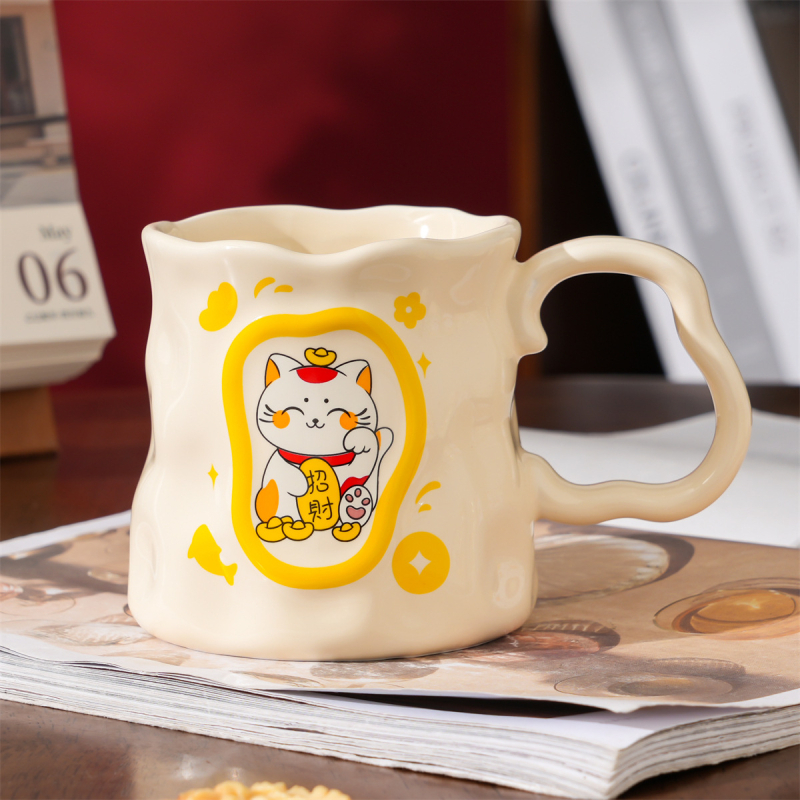 Cană ceramică pictată manual cu pisica norocoasă Maneki-Neko, stil Chinezesc, cadou unisex
