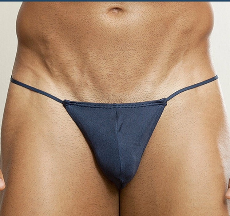 Férfi alacsony derekú tangabugyi, több színű háromszög alakú zsebbel