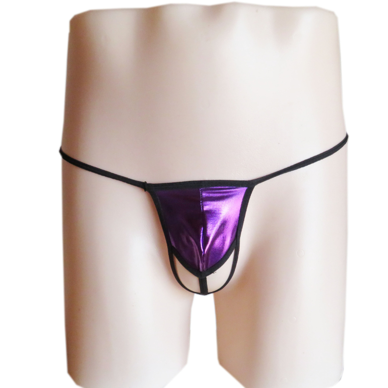 Férfiaknak szóló szexi tangás alsónemű, patent bőr-hatású, alacsony derekú, spandex keverék