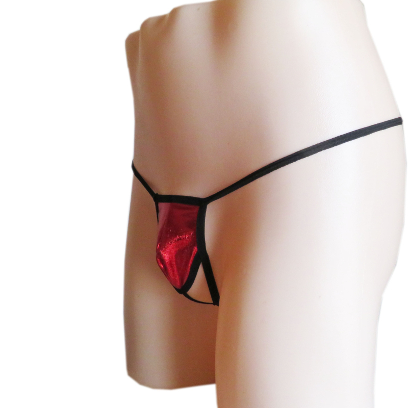 Férfiaknak szóló szexi tangás alsónemű, patent bőr-hatású, alacsony derekú, spandex keverék