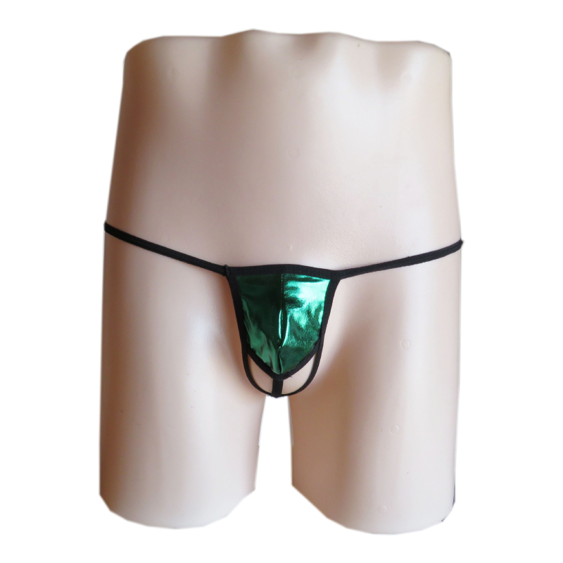 Férfiaknak szóló szexi tangás alsónemű, patent bőr-hatású, alacsony derekú, spandex keverék