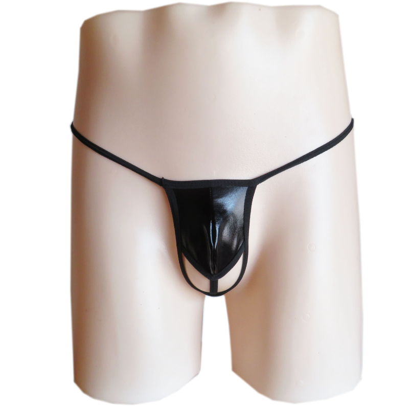 Férfiaknak szóló szexi tangás alsónemű, patent bőr-hatású, alacsony derekú, spandex keverék