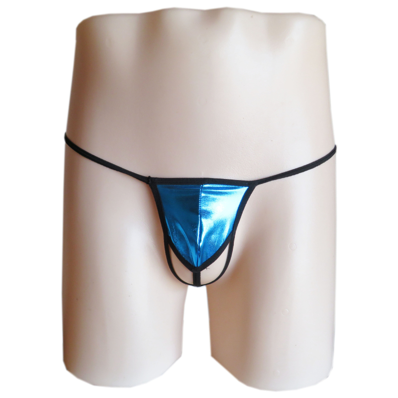 Férfiaknak szóló szexi tangás alsónemű, patent bőr-hatású, alacsony derekú, spandex keverék