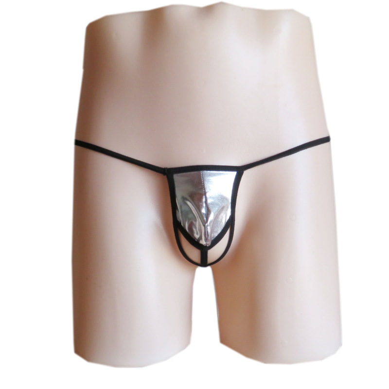 Férfiaknak szóló szexi tangás alsónemű, patent bőr-hatású, alacsony derekú, spandex keverék