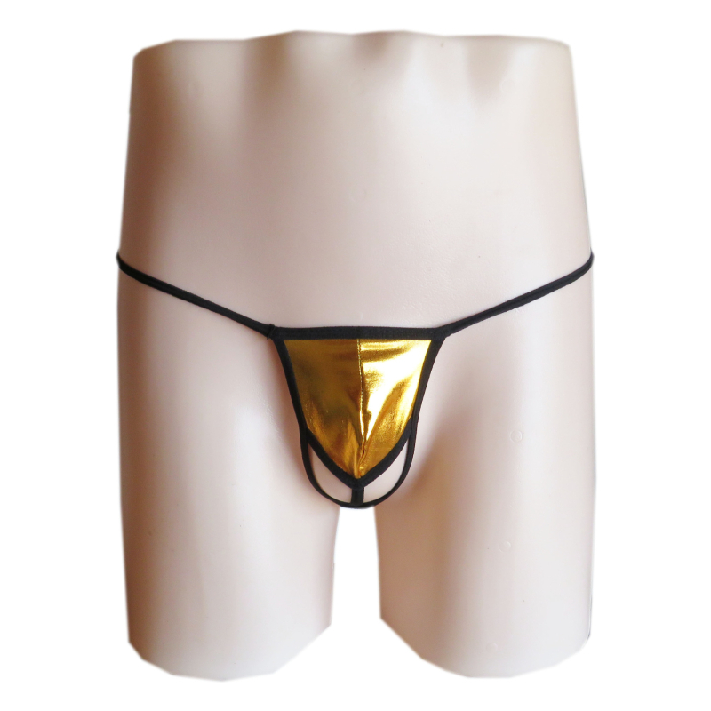 Férfiaknak szóló szexi tangás alsónemű, patent bőr-hatású, alacsony derekú, spandex keverék