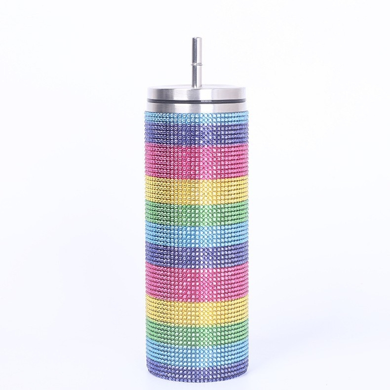 Pahar din oțel inoxidabil de 20 oz cu pai, încrustări cu diamant, izolat, portabil pentru mașină, corp drept, izolație îngroșată
