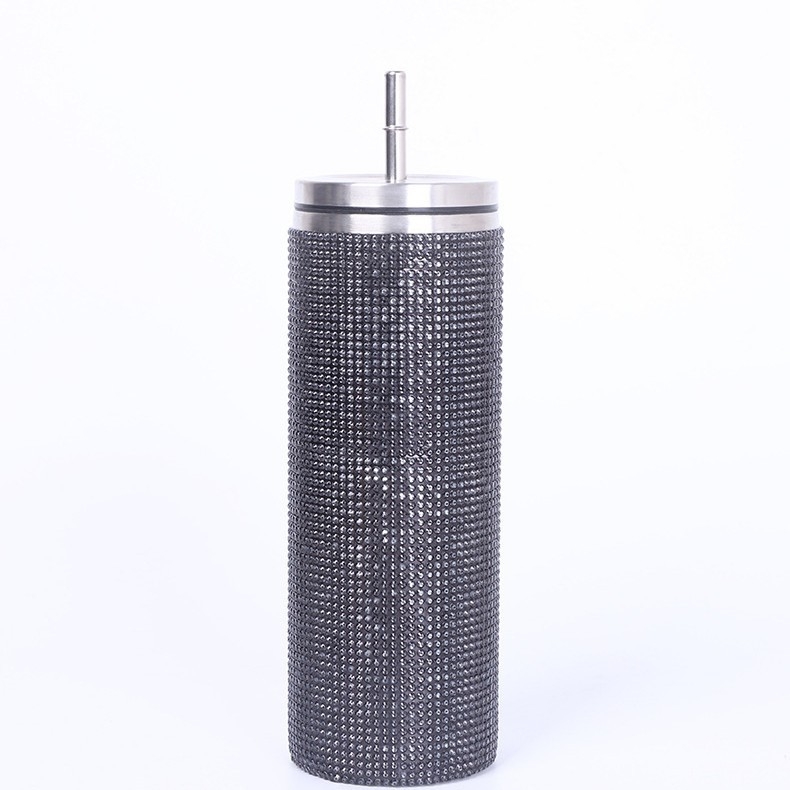Pahar din oțel inoxidabil de 20 oz cu pai, încrustări cu diamant, izolat, portabil pentru mașină, corp drept, izolație îngroșată