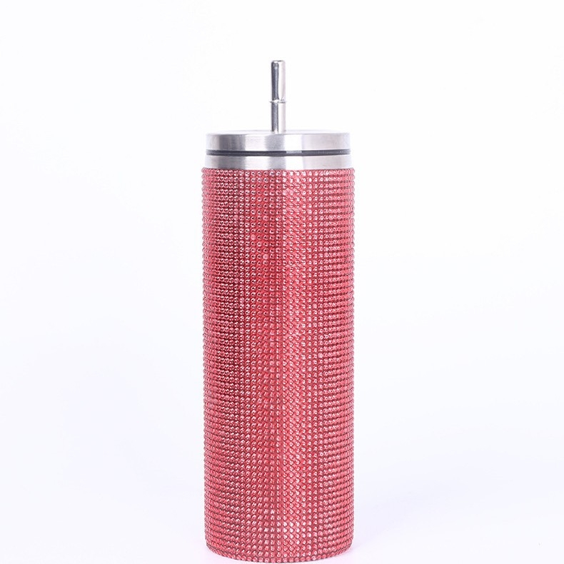 Pahar din oțel inoxidabil de 20 oz cu pai, încrustări cu diamant, izolat, portabil pentru mașină, corp drept, izolație îngroșată