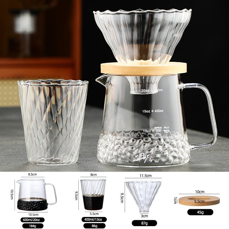 Set filtru de cafea din sticlă cu pot de picurare, scară de măsurare și suport