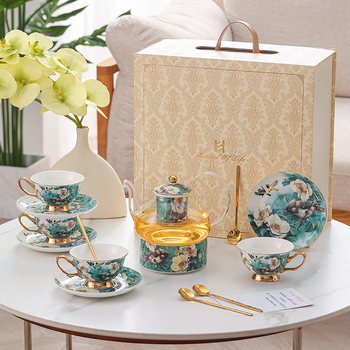 Set de cafea din porțelan osos cu model floral și ceainic de sticlă