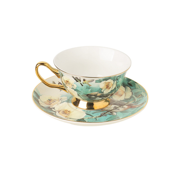 Set de cafea din porțelan osos cu model floral și ceainic de sticlă