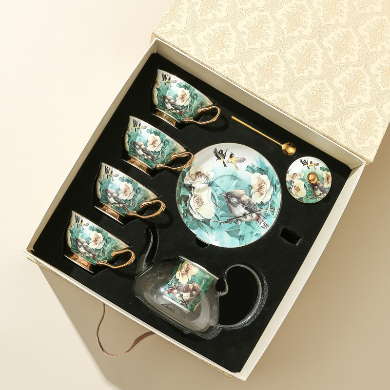 Set de cafea din porțelan osos cu model floral și ceainic de sticlă