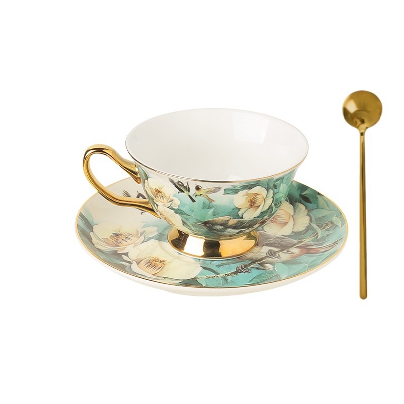 Set de cafea din porțelan osos cu model floral și ceainic de sticlă