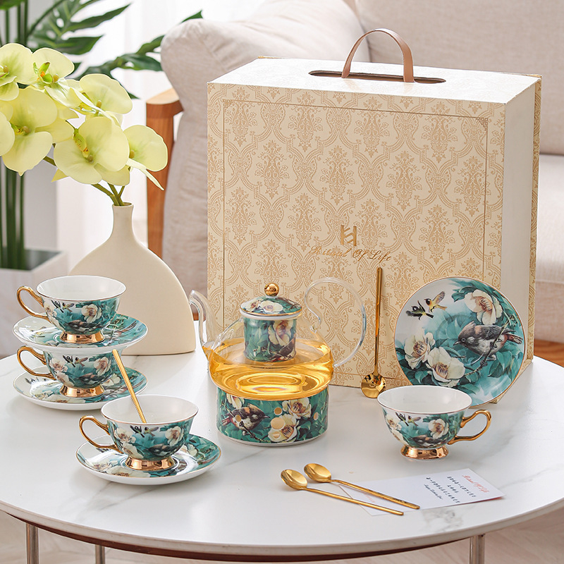 Set de cafea din porțelan osos cu model floral și ceainic de sticlă