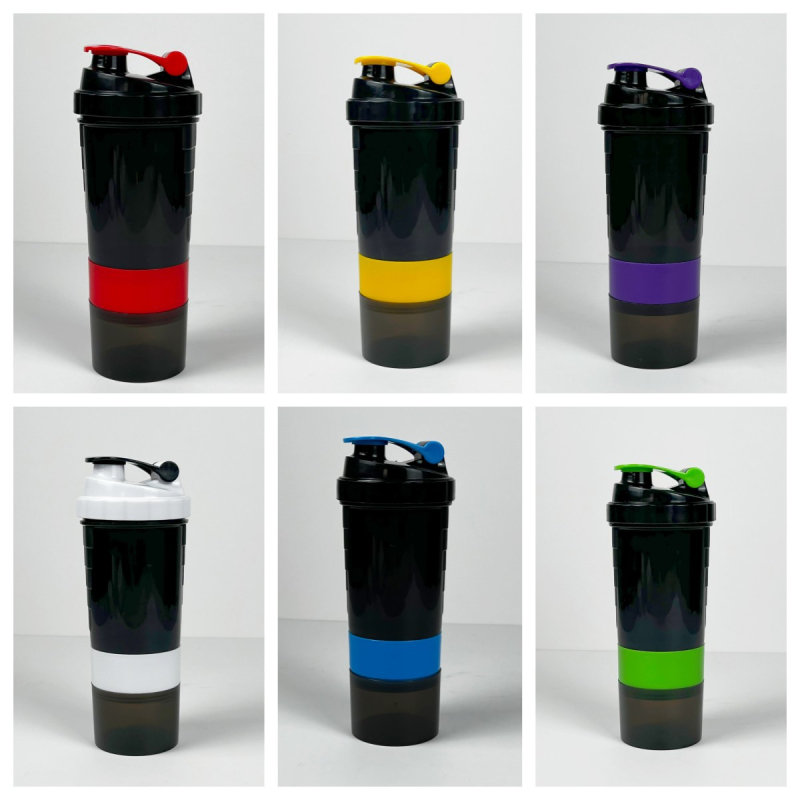 Shaker cu trei compartimente, cu compartimente pentru pudră și medicamente – pentru pudră proteică, băuturi de fitness și milkshake, recipient din plastic
