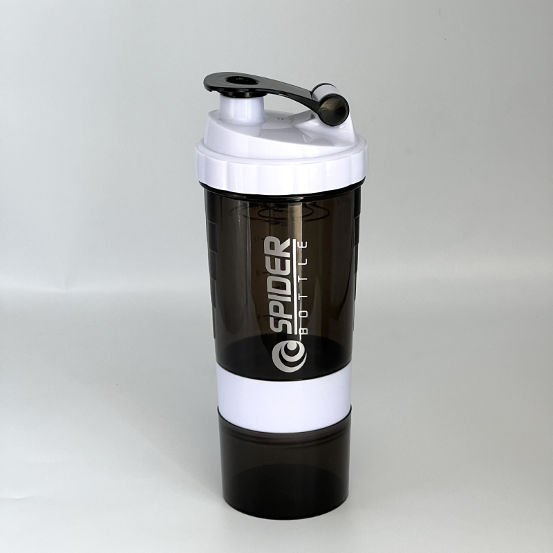 Shaker cu trei compartimente, cu compartimente pentru pudră și medicamente – pentru pudră proteică, băuturi de fitness și milkshake, recipient din plastic