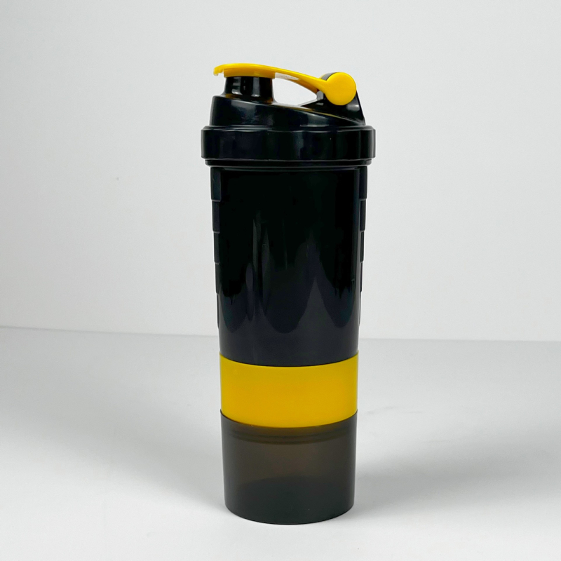 Shaker cu trei compartimente, cu compartimente pentru pudră și medicamente – pentru pudră proteică, băuturi de fitness și milkshake, recipient din plastic