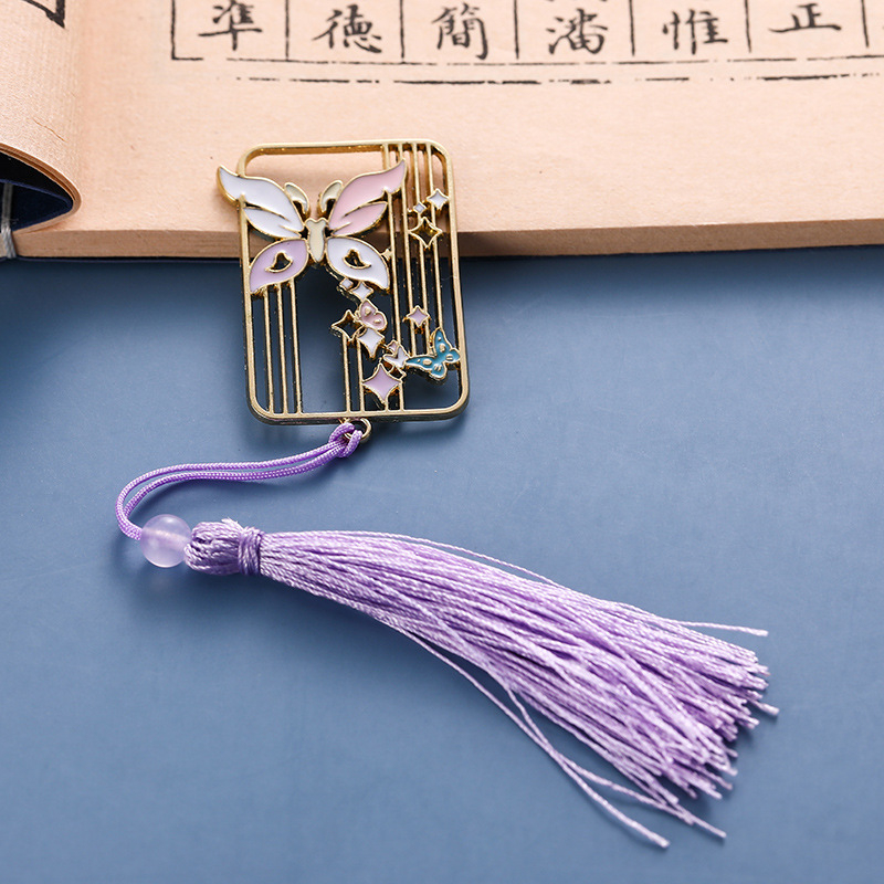 Semn de carte metalic perforat, în stil chinezesc, set cadou cu ciucuri – suvenir pentru profesori și elevi