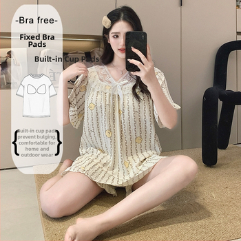 Ženský letný pyžamový set z Cloud Cotton, krátky rukáv, s pevnými výstelkami na hrudník, čipkovaný lem, puff rukávy, štvorcový výstrih, krátke nohavice, domáce oblečenie