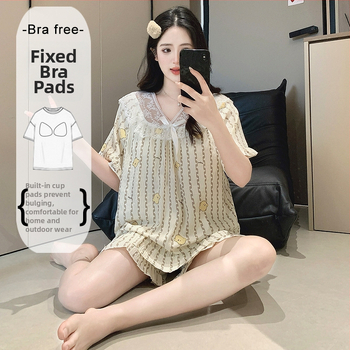 Ženský letný pyžamový set z Cloud Cotton, krátky rukáv, s pevnými výstelkami na hrudník, čipkovaný lem, puff rukávy, štvorcový výstrih, krátke nohavice, domáce oblečenie