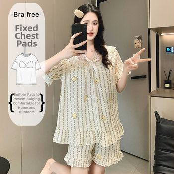 Ženský letný pyžamový set z Cloud Cotton, krátky rukáv, s pevnými výstelkami na hrudník, čipkovaný lem, puff rukávy, štvorcový výstrih, krátke nohavice, domáce oblečenie