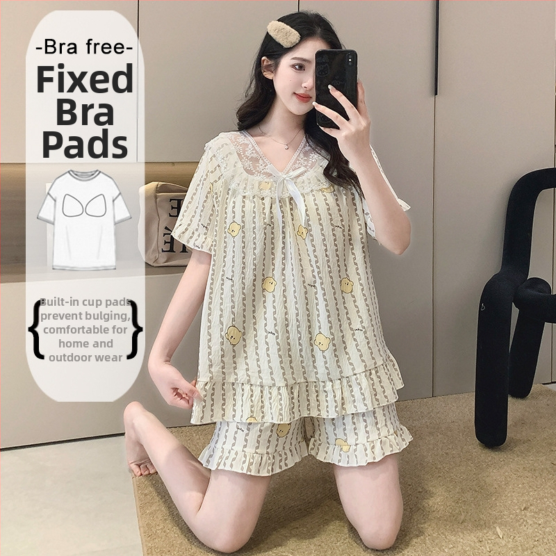 Ženský letný pyžamový set z Cloud Cotton, krátky rukáv, s pevnými výstelkami na hrudník, čipkovaný lem, puff rukávy, štvorcový výstrih, krátke nohavice, domáce oblečenie