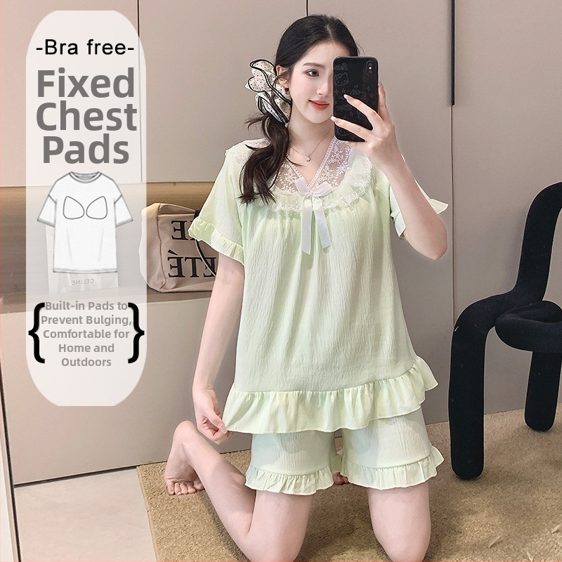 Ženský letný pyžamový set z Cloud Cotton, krátky rukáv, s pevnými výstelkami na hrudník, čipkovaný lem, puff rukávy, štvorcový výstrih, krátke nohavice, domáce oblečenie
