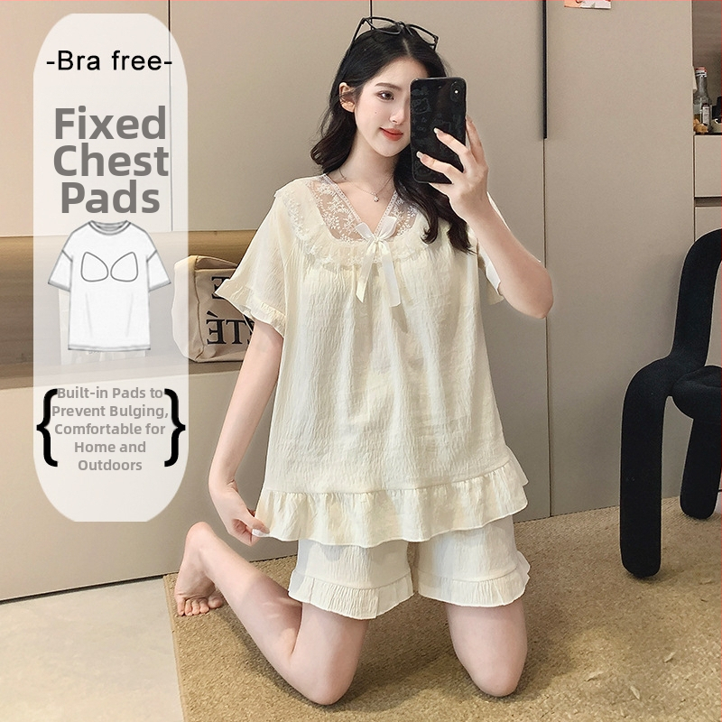Ženský letný pyžamový set z Cloud Cotton, krátky rukáv, s pevnými výstelkami na hrudník, čipkovaný lem, puff rukávy, štvorcový výstrih, krátke nohavice, domáce oblečenie
