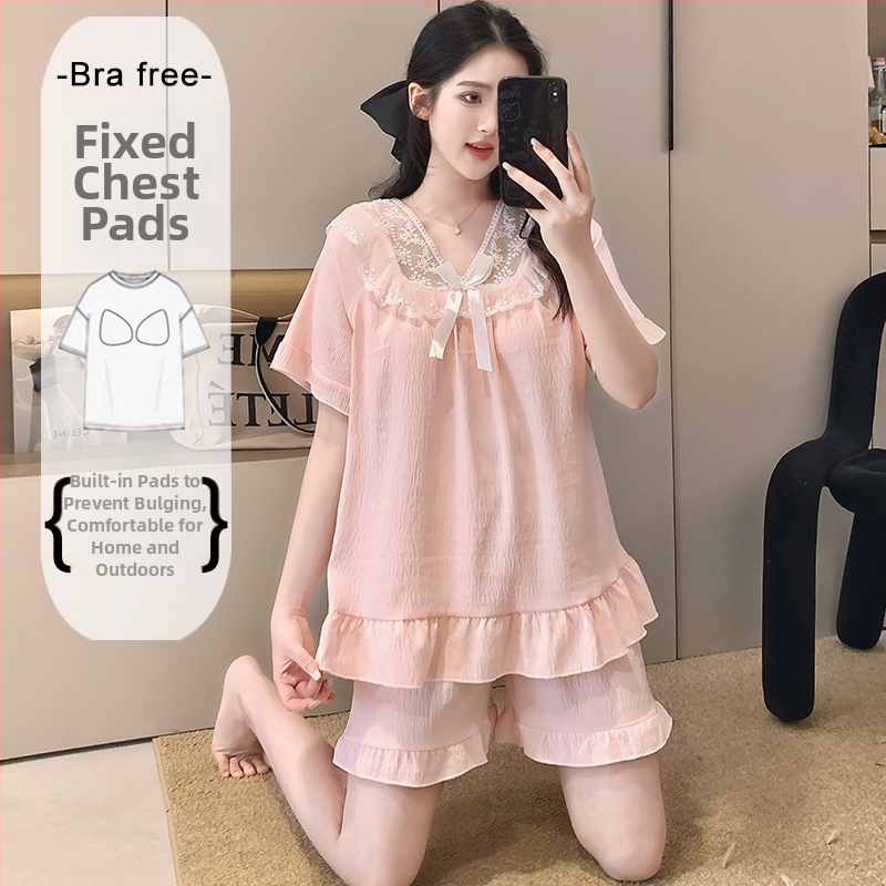 Ženský letný pyžamový set z Cloud Cotton, krátky rukáv, s pevnými výstelkami na hrudník, čipkovaný lem, puff rukávy, štvorcový výstrih, krátke nohavice, domáce oblečenie