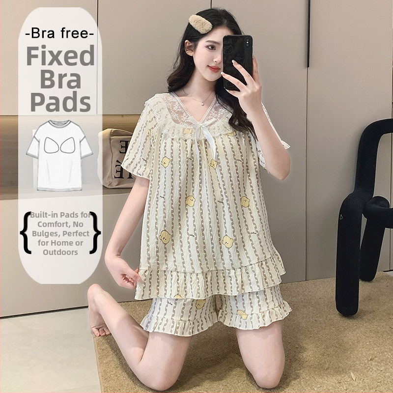 Ženský letný pyžamový set z Cloud Cotton, krátky rukáv, s pevnými výstelkami na hrudník, čipkovaný lem, puff rukávy, štvorcový výstrih, krátke nohavice, domáce oblečenie