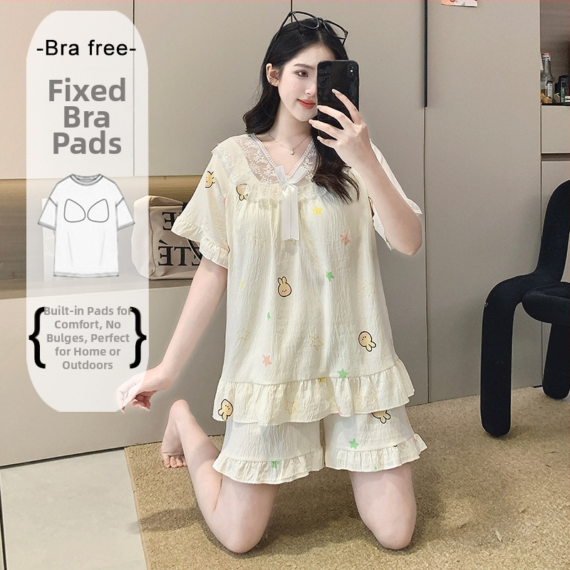 Ženský letný pyžamový set z Cloud Cotton, krátky rukáv, s pevnými výstelkami na hrudník, čipkovaný lem, puff rukávy, štvorcový výstrih, krátke nohavice, domáce oblečenie